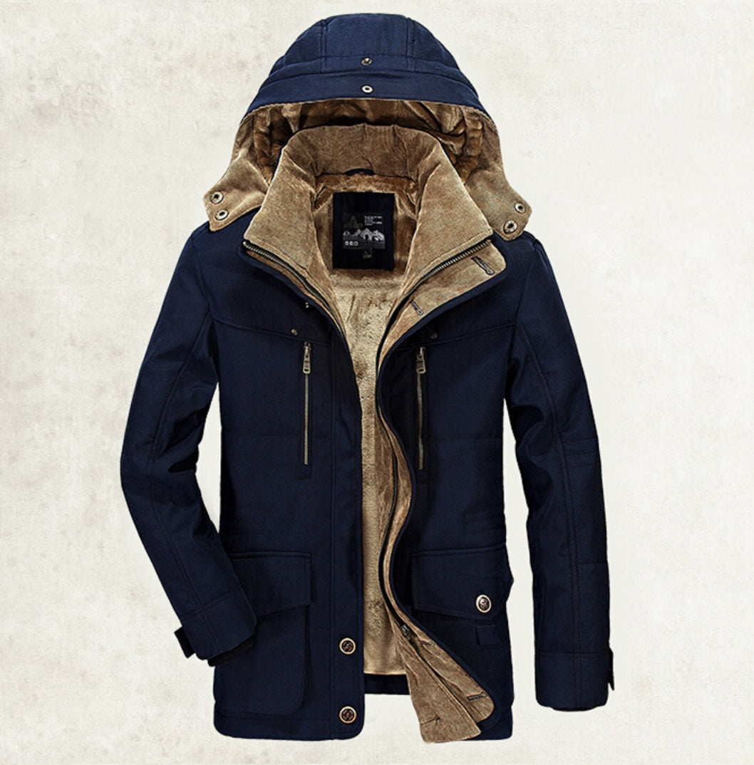 Thickened multi-pocket hooded men's cotton coat