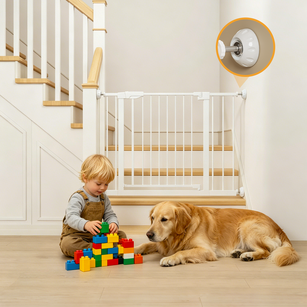 29.5-45.3' Wide Baby Gate with wall protector for Stairs, Dog Gate Indoor for Doorways, No Drilling Pressure Mounted Pet Gates for Kids, Easy Walk Through Safety Gate, White