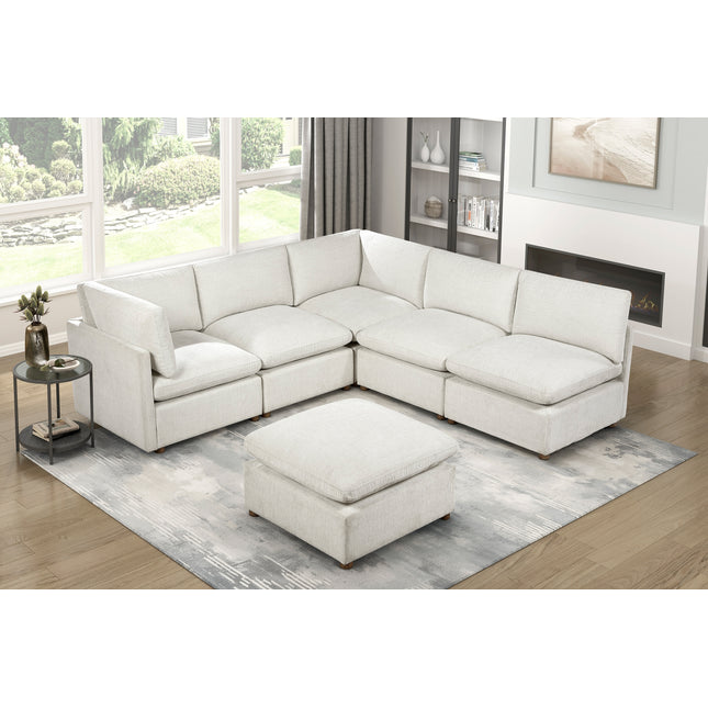 Luxury Beige 6-Piece Modular Sectional with Ottoman Upholstered Durable Solid Wood Living Room Furniture L-Shape Sofa Set