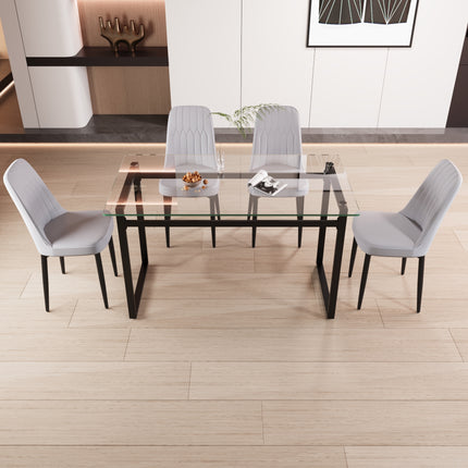 51' 4 person glass dining table set, kitchen set with black metal leg dining table and chairs, modern rectangular tempered glass tabletop and dining room thick cushioned PU dining chair
