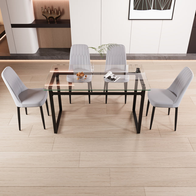 51' 4 person glass dining table set, kitchen set with black metal leg dining table and chairs, modern rectangular tempered glass tabletop and dining room thick cushioned PU dining chair