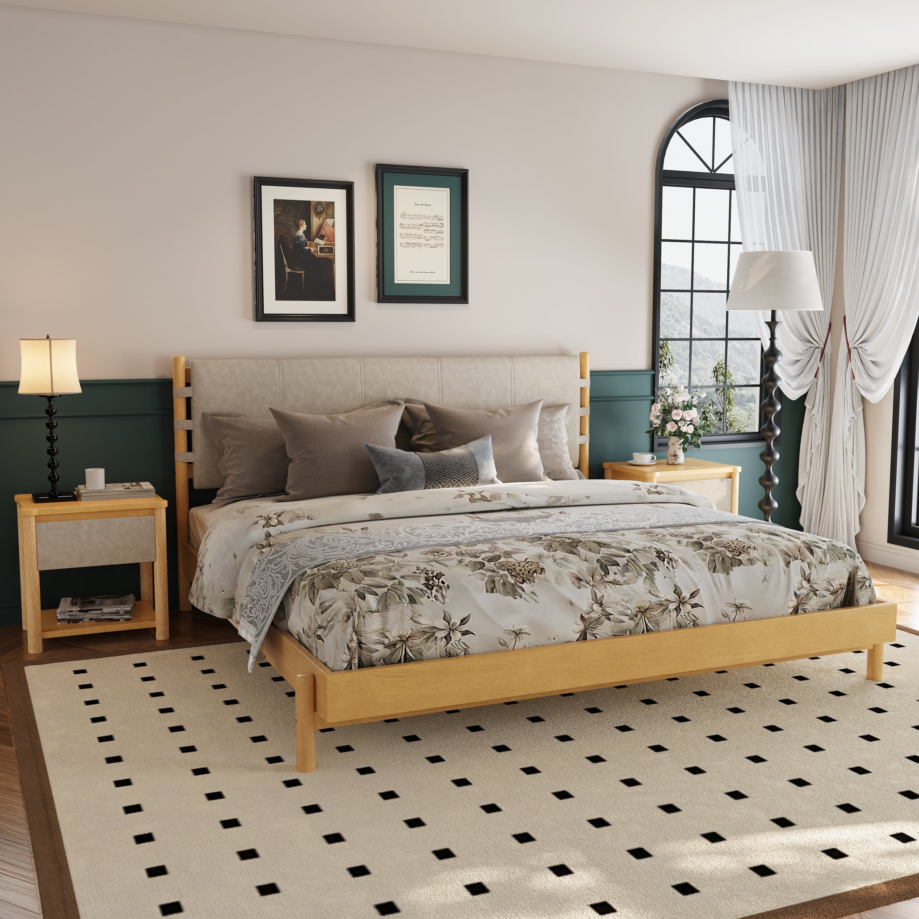 Modern King Bed Frame Set with 2 Nightstands, Beige Wood Platform Bed with Headboard and Matching Bedside Tables for Bedroom