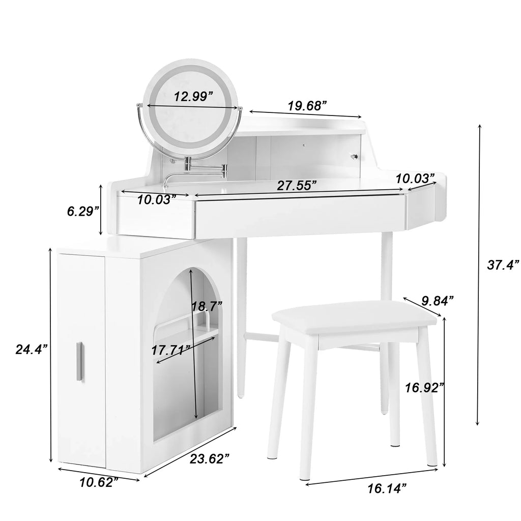 Corner Makeup Vanity Desk With Mirror & LED Lights, Modern Vanity Set With Mirror And Stool, Dressing Table With Large Storage For Small Place, Brightness Adjustable Folding Mirror, White - Eloy Royal