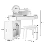 Corner Makeup Vanity Desk With Mirror & LED Lights, Modern Vanity Set With Mirror And Stool, Dressing Table With Large Storage For Small Place, Brightness Adjustable Folding Mirror, White - Eloy Royal