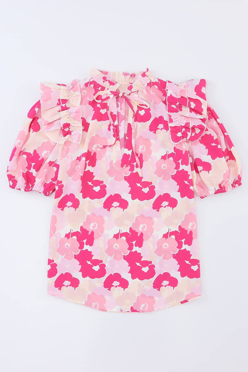 Pink Split Neck Ruffled Puff Sleeves Floral Top - Eloy Royal