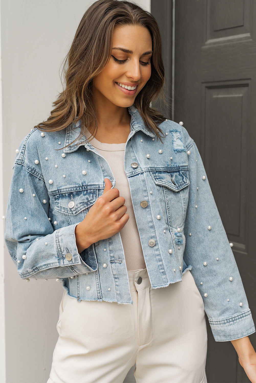 Wholesale Sky Blue Pearls Beading Cropped Denim Jacket - Eloy Royal