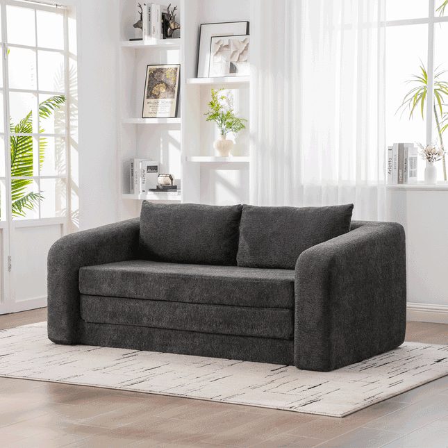 71' 2-in-1 Pull Out Foldable Loveseat Sofa Bed with Armrest & Backrest Pillows, Convertible Chenille Boneless Cloud Floor Mattress Sleeper Lounge Couch for Living Room Bedroom Guestroom Dorm, Gray