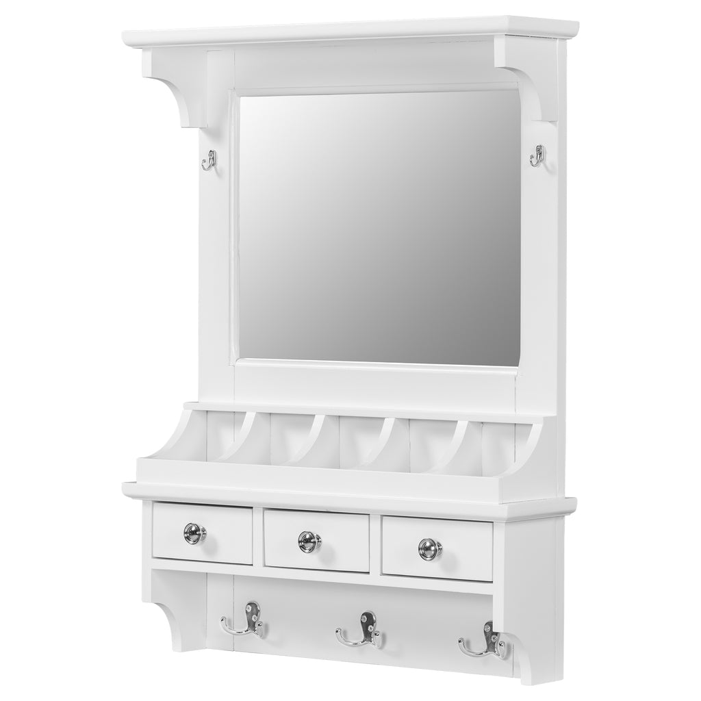 Floating Makeup Vanity with Big Mirror, Wall-Mounted Storage Vanity with Drawers, Pockets & Hooks, Space-Saving Decorative Home Organizer, White, Engineered Wood, 23.8 x 6.1 x 31.8 inches