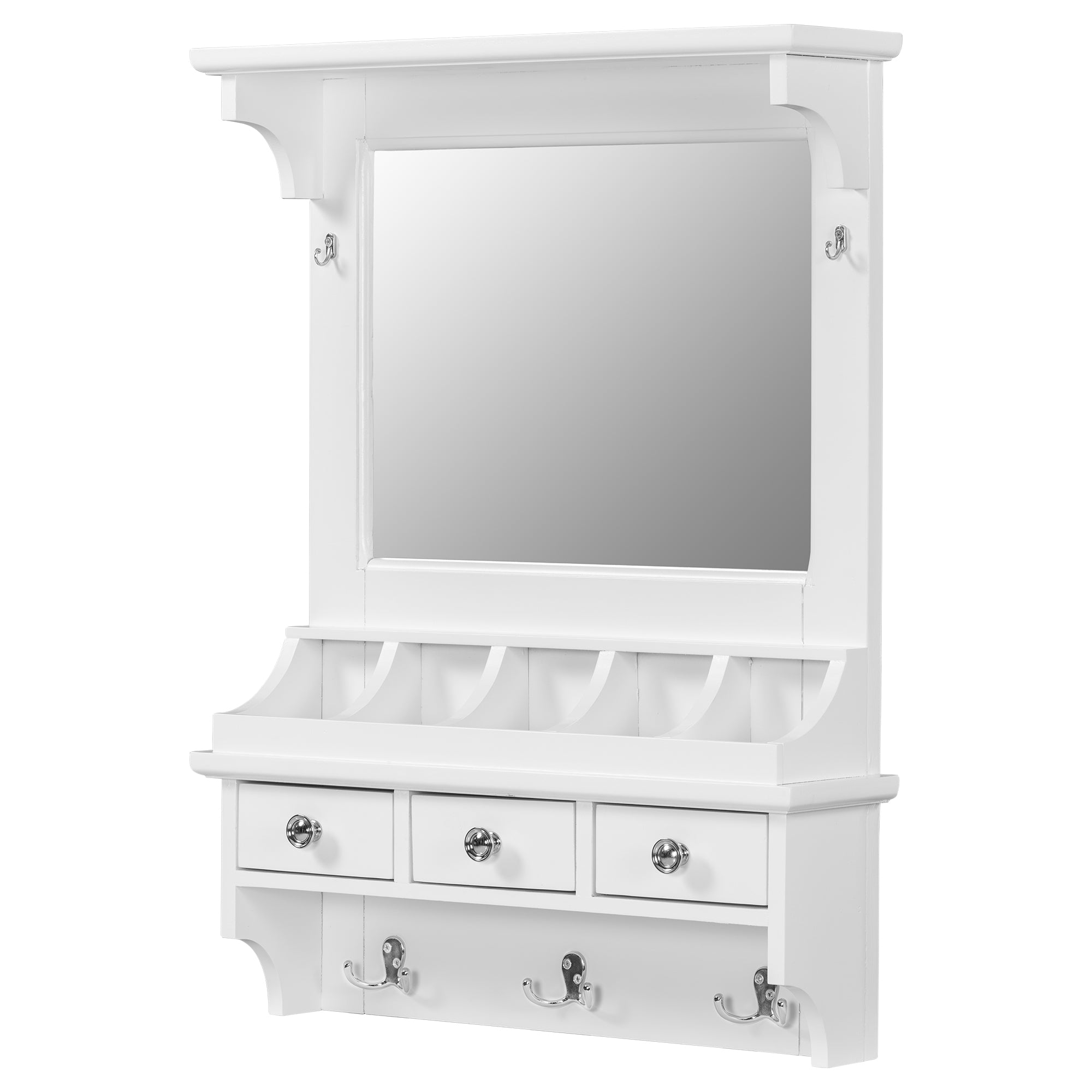Floating Makeup Vanity with Big Mirror, Wall-Mounted Storage Vanity with Drawers, Pockets & Hooks, Space-Saving Decorative Home Organizer, White, Engineered Wood, 23.8 x 6.1 x 31.8 inches