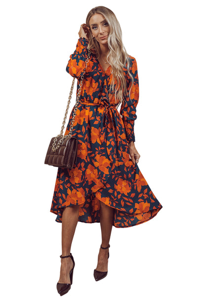 Orange Floral Print Wrap V Neck Belted Midi Dress - Eloy Royal