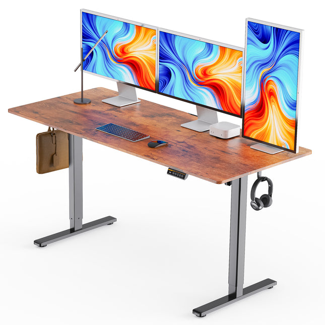 63'×28' Brown Electric Height Adjustable Desk, height adjustable with 3 custom height memory presets, equipped with child lock. Ideal for home & office use, perfect as computer work desk, workstation