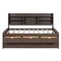 Antique Brown Full Size Wooden Captain Bed with Built-in Bookshelves, 3 Storage Drawers, and Trundle - Solid Pine Wood + MDF