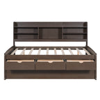Antique Brown Full Size Wooden Captain Bed with Built-in Bookshelves, 3 Storage Drawers, and Trundle - Solid Pine Wood + MDF
