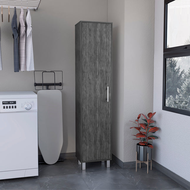 70.8H' Tall Narrow Storage Cabinet with 5-Tier Shelf, 3 Broom Hangers and Metal hardware, Smokey Oak