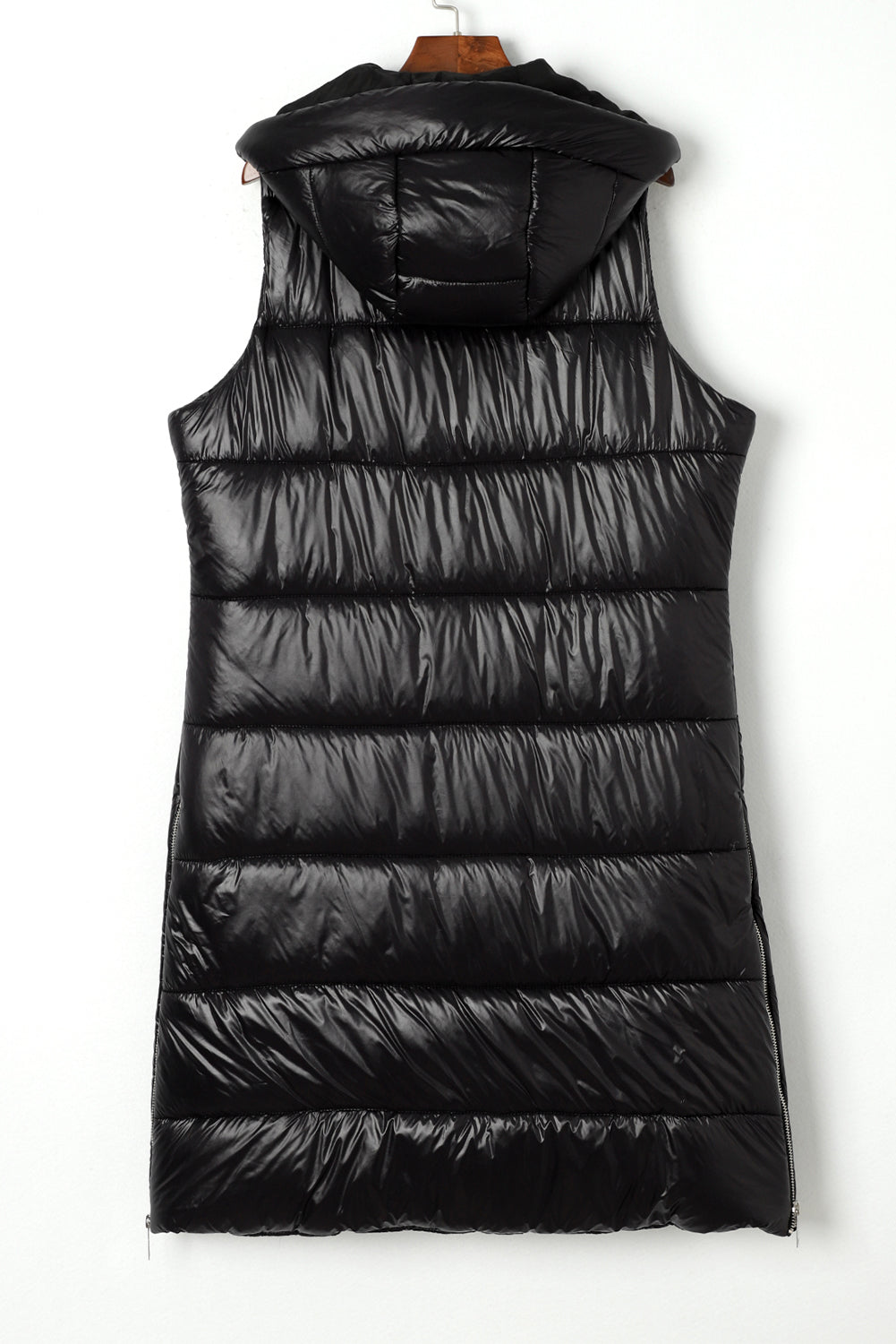 Black Hooded Pocketed Quilted Long Vest Coat - Eloy Royal