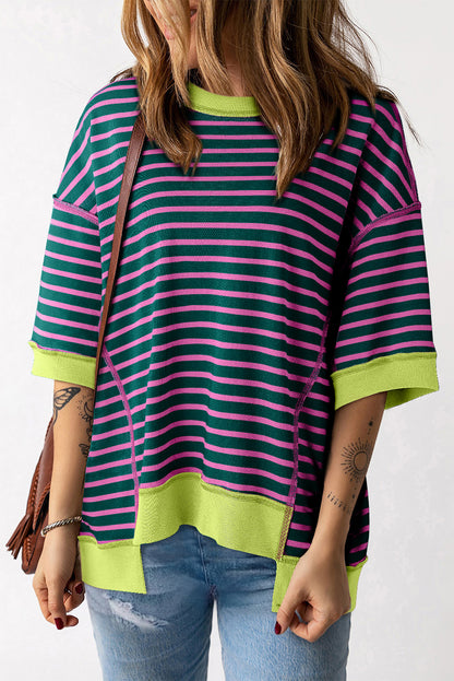 Pink Stripe Colorblock Drop Sleeve Loose Top - Eloy Royal