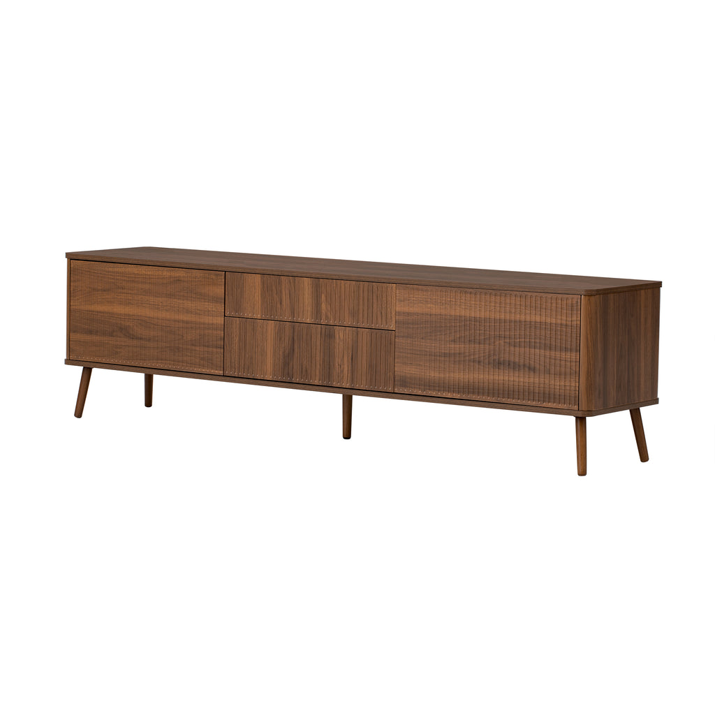 Modern 70 inch Fluted TV Stand with Storage Drawers and Cabinets for TVs up to 80 inches, Walnut Finish, Solid Wood Legs, Soft-Close Hinges, Cable Management