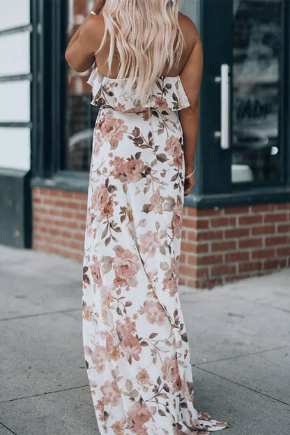 White Floral Slit Ruffled Halterneck Maxi Dress - Eloy Royal