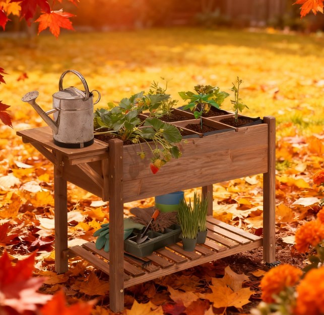 Planter Box,Wooden Garden Box,with 8 Pockets and Lockable Wheels,Foldable Side Clapboard,Elevated and Self-Draining Design