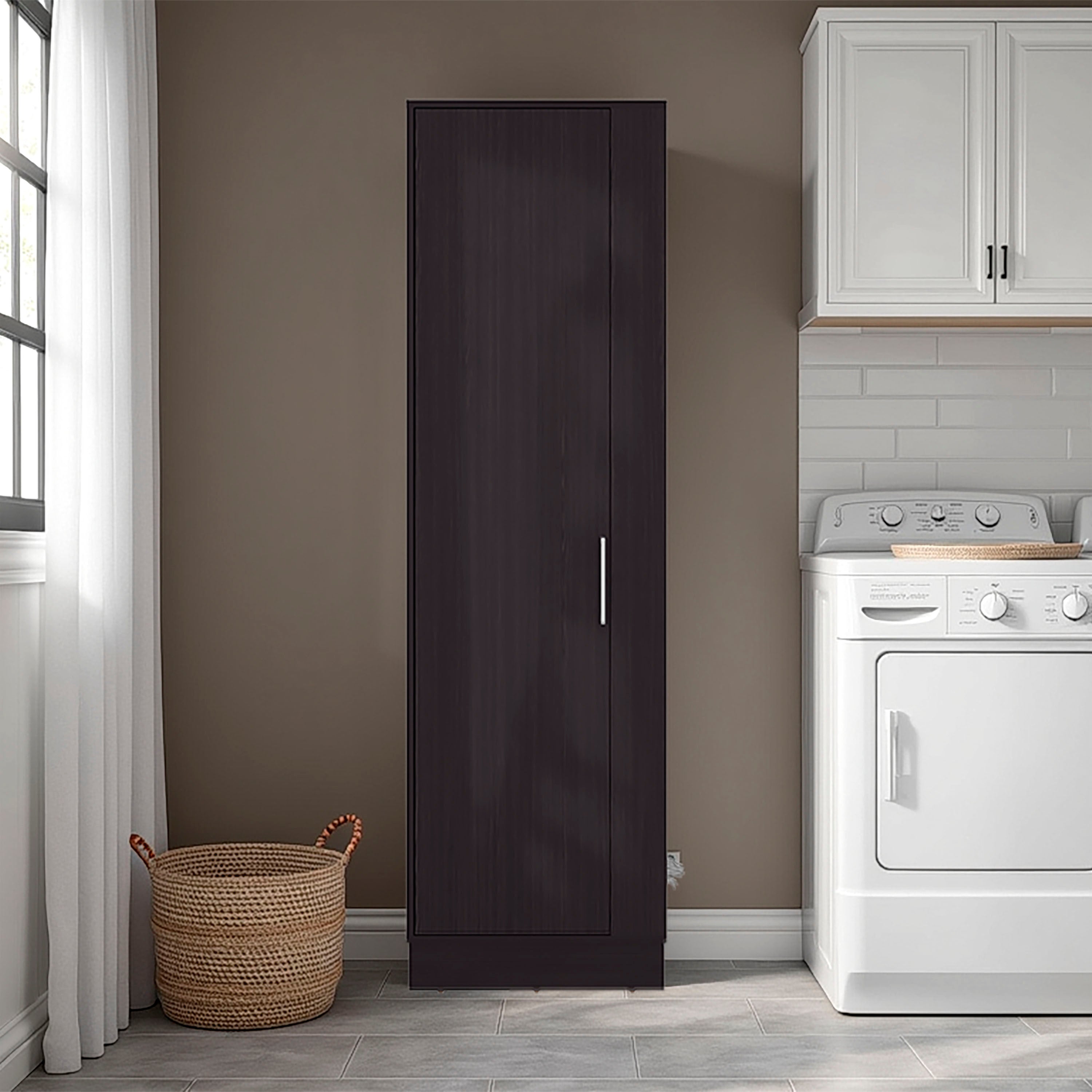 Fairfield Utility Storage Cabinet with 6-Tier Shelf and Broom Hangers, Black Wengue