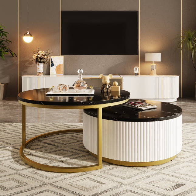 Modern Round Nesting Coffee Table Fluted with Drawer in Black & Gold