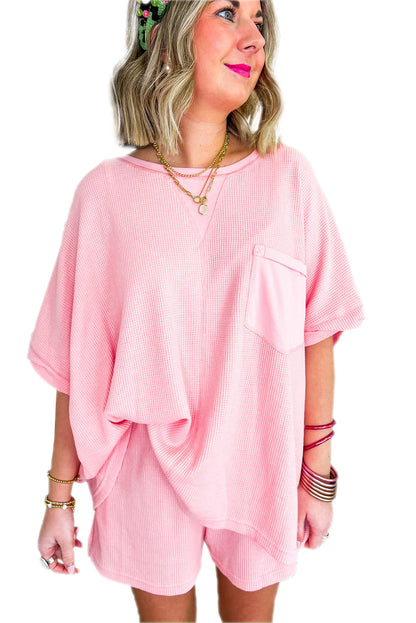 Light Pink Waffle Knit Oversize Tee and Shorts Set - Eloy Royal