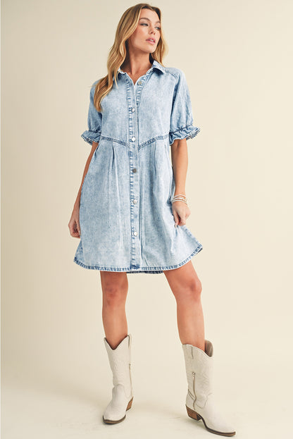 Blue Mineral Washed Ruffled Short Sleeve Pocketed Denim Dress - Eloy Royal