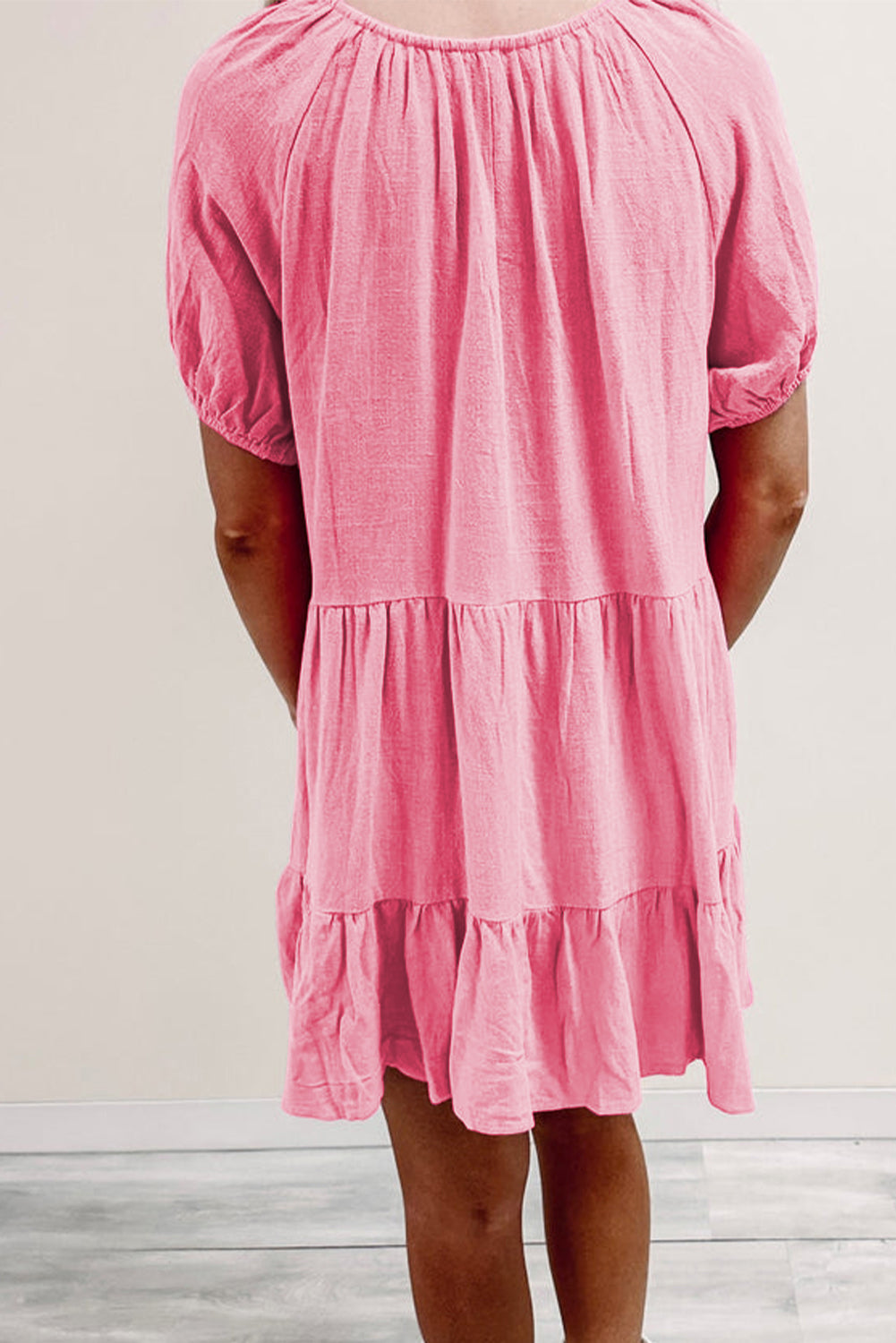 Strawberry Pink Puff Sleeve V Neck Tiered Swing Dress - Eloy Royal