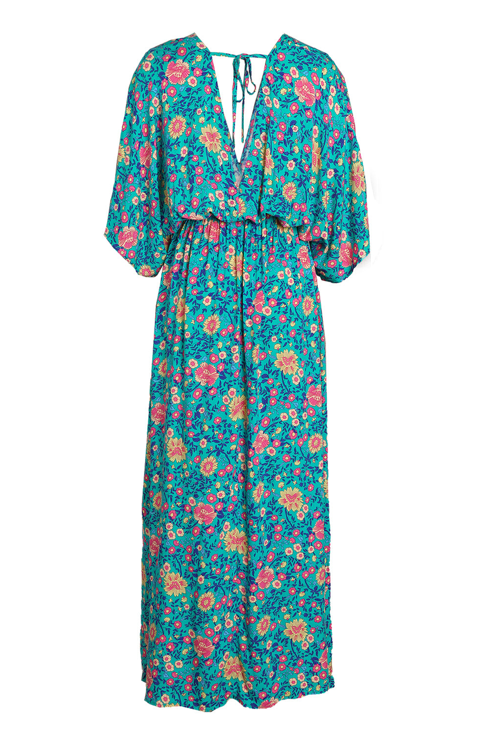 Floral Print Deep V Neck Flutter Sleeve Boho Maxi Dress - Eloy Royal