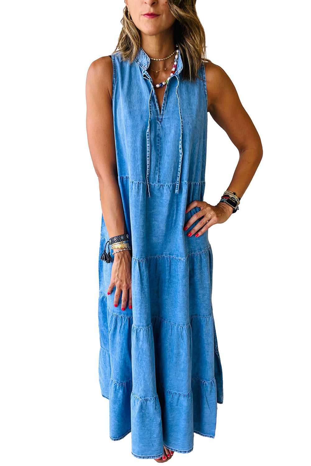 Real Teal Sleeveless Tiered Chambray Maxi Dress - Eloy Royal