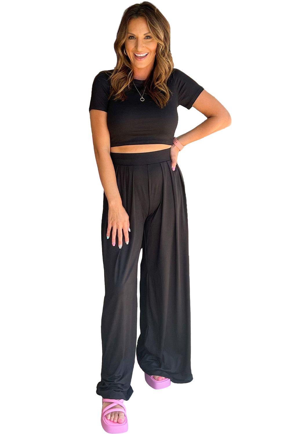 Strawberry Pink Plain Slim Fit Crop Top And Wide Leg Pants Set - Eloy Royal