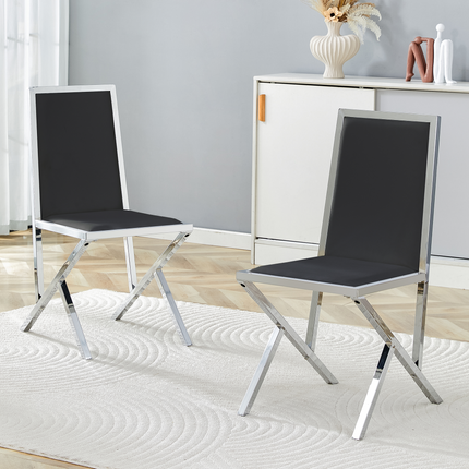 2-pack silver metal framed BLACK PU dining chairs: ergonomic design, a simple and luxurious choice.Featuring uniquely designed silver metal legs.