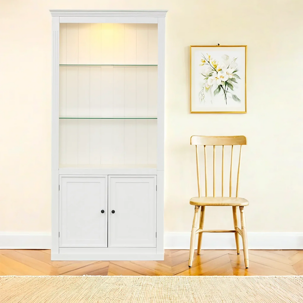 78.75''H 4-Tier Display Shelf, with 5-Colors Dimmable Ceiling Light, Freestanding Farmhouse Bookcases with Storage & Doors, Bookshelf with Adjustable Glass Shelves for Home & Office - White - Eloy Royal