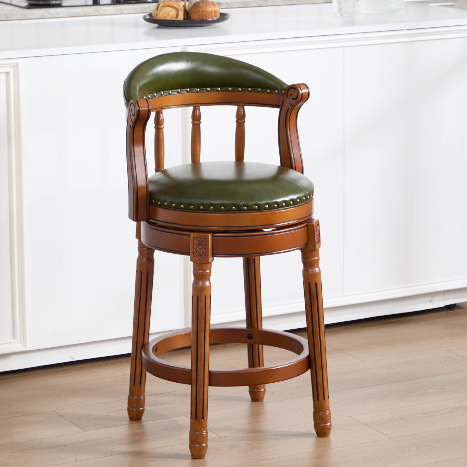 Cow top Leather Wooden Bar Stools, 360 Degree Swivel Bar Chair with Backs,Bar height Couner Height Barstools for Home Kitchen Dining Room and Bar Room(green 1pc)