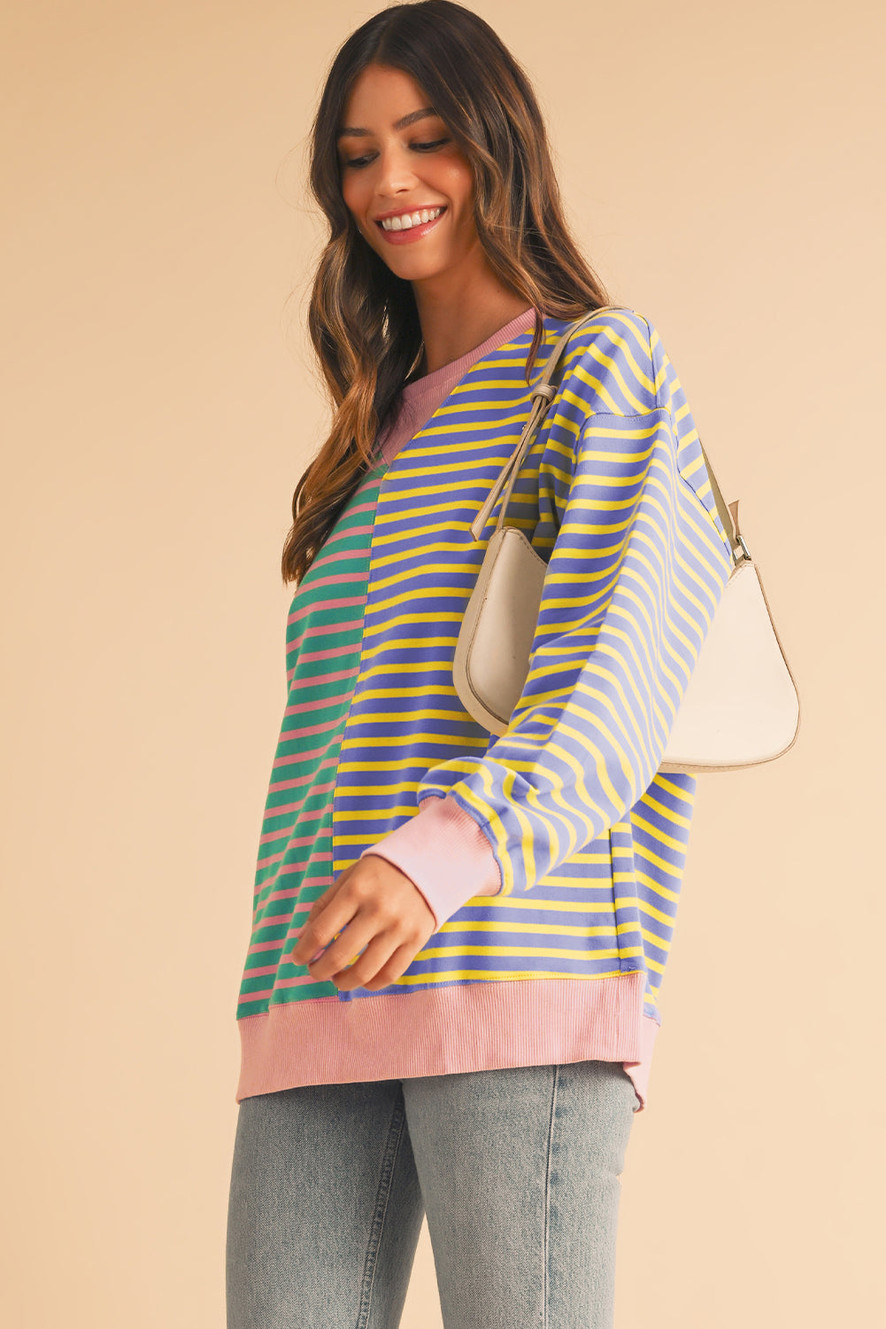 Brown Stripe Colorblock Drop Shoulder Oversize Sweatshirt