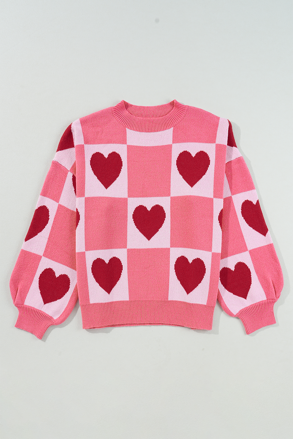 Pink Plus Size Heart Checkered Colorblock Lantern Sleeve Sweater