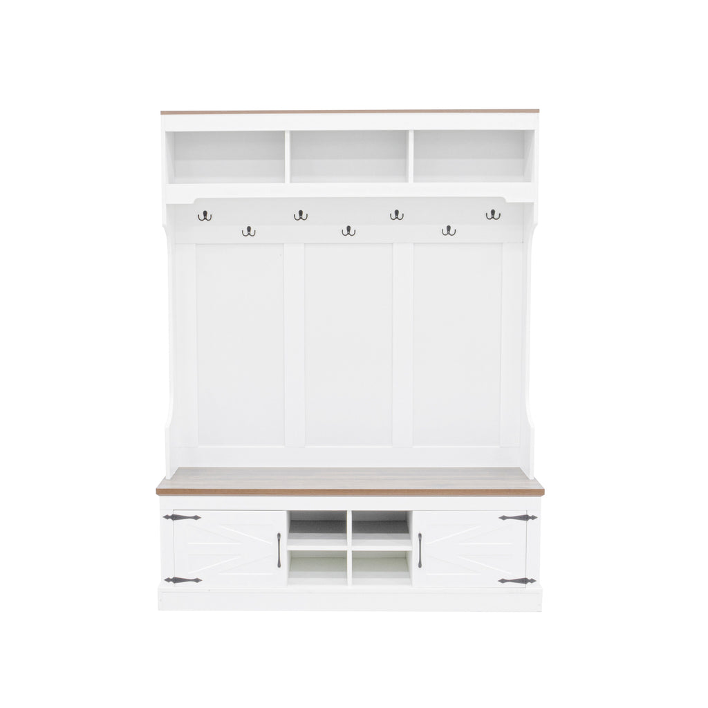 71''H Farmhouse Hall Tree with Bench and Shoe Storage, 5-in-1 Modern Entryway Storage Organizer Cabinet with Coat Rack,4 Shoe Cubbies & 7 Hooks for Hallway, Entryway, Living Room