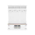 71''H Farmhouse Hall Tree with Bench and Shoe Storage, 5-in-1 Modern Entryway Storage Organizer Cabinet with Coat Rack,4 Shoe Cubbies & 7 Hooks for Hallway, Entryway, Living Room