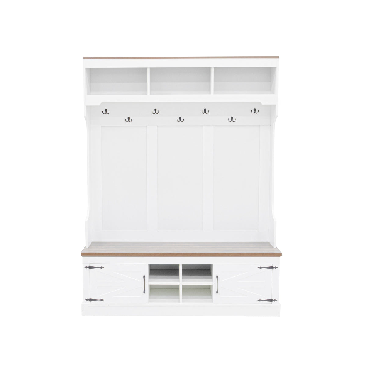 71''H Farmhouse Hall Tree with Bench and Shoe Storage, 5-in-1 Modern Entryway Storage Organizer Cabinet with Coat Rack,4 Shoe Cubbies & 7 Hooks for Hallway, Entryway, Living Room