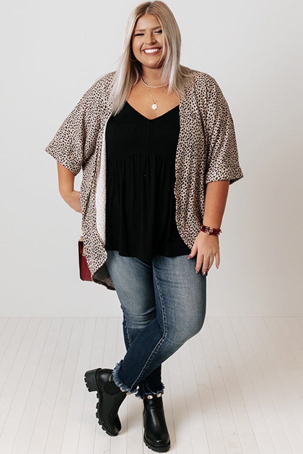 Khaki Plus Size Leopard Print Half Sleeve Open Front Cardigan - Eloy Royal