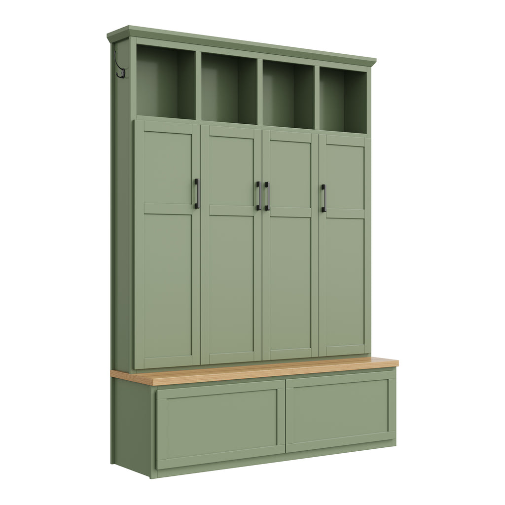 Modern Farmhouse Hall Tree with 4 Hidden Cabinets, Mudroom Coat Rack with Open Shelves, Mid-Century All-in-One Entryway Storage Natural Bench with Drawers & 6 Hooks for Hallway, Green
