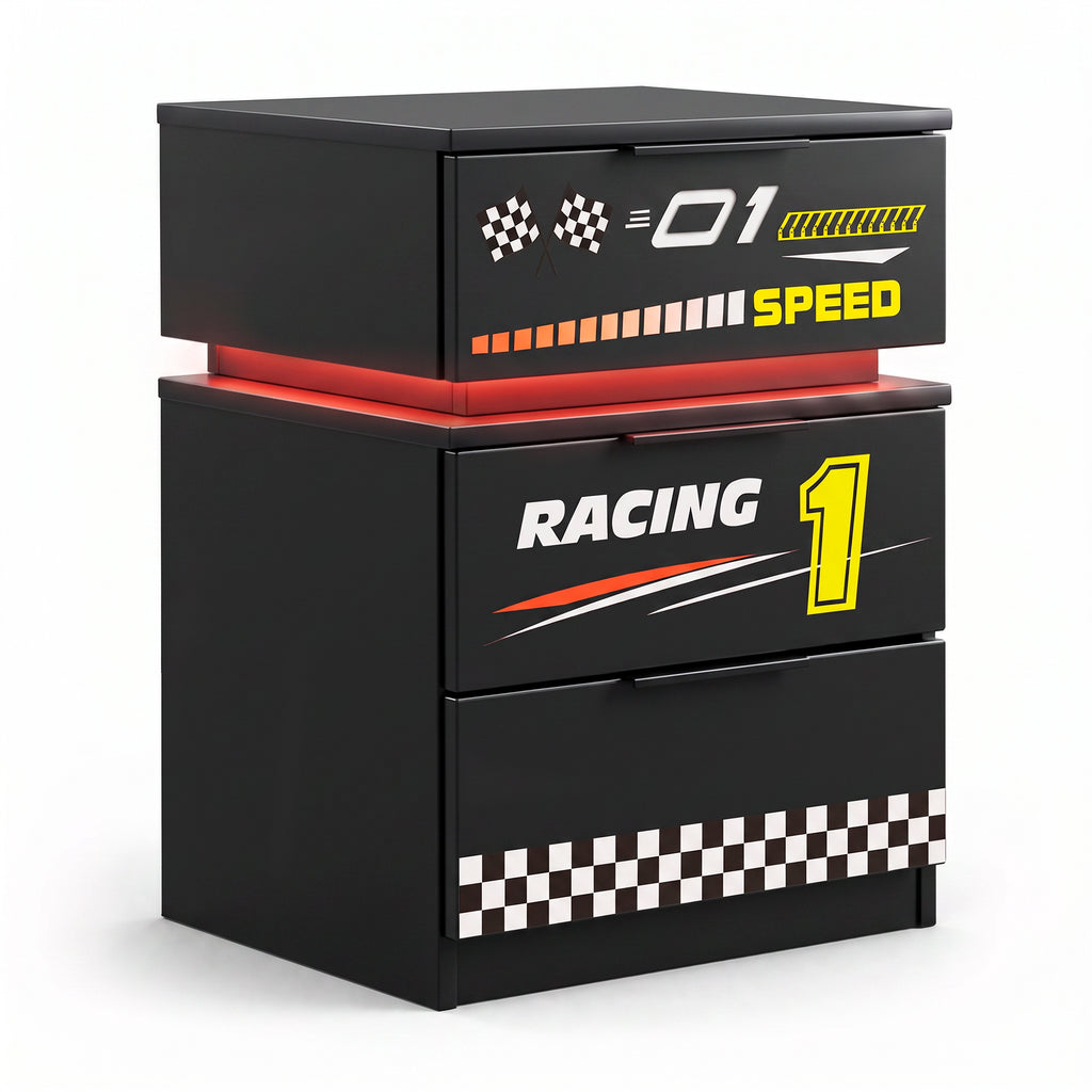 Kids Racing Car 3-Drawer Nightstand with Smart RGB LED Light, App/Remote/Music Sync Bedside Storage Cabinet, Fully KD