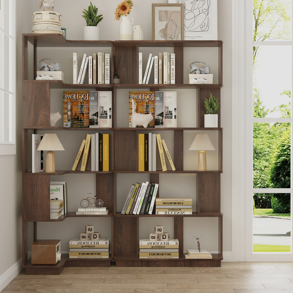 Set of 2 free combination bookcase space saving corner bookshelf 55cm plus 80cm length dark brown color and other 4 colors for option, 2 bookcases group L shaped bookcase x 1 + I shaped bookcase x 1