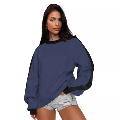 Women's Contrast Color Round Neck Loose Sweater Long-sleeved Top