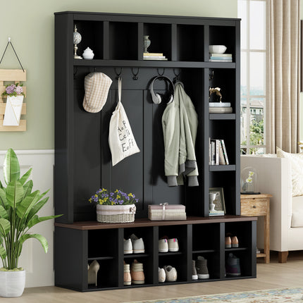 Farmhouse Wooden Hall Tree with 6 Hooks with Walnut Storage Bench with
