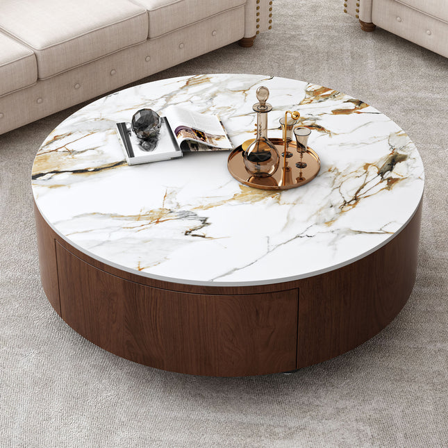 Rustic Round Coffee Table with 2 Drawers and Sintered Stone Top with