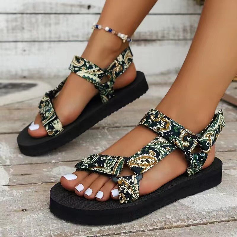 Printed Velcro-design Sandals Summer Ethnic Style Thick Flat Sandals Women's Fashion Casual Beach Shoes - Eloy Royal