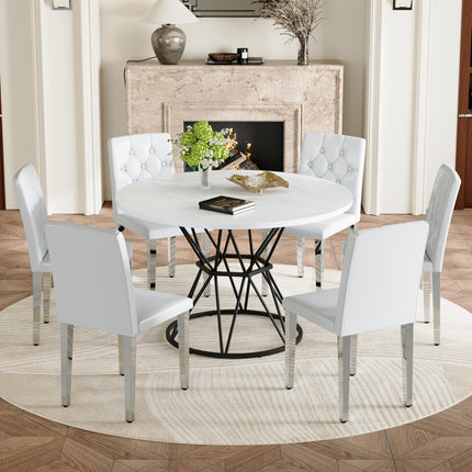 Table and chair set. A circular white MDF dining table with a diameter of 47.3 inches,black hourglass shaped metal brackets.Paired with 6 white PU dining chairs: ergonomic buckle backrest.