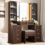 43.5' Fluted Makeup Vanity Desk with Mirror and Lights, Modern Glass Top Vanity Table with 10 Drawers & 2 Transparent Glass Cabinets, Dressing Table Set with Stool and Charging Station, Brown - Eloy Royal