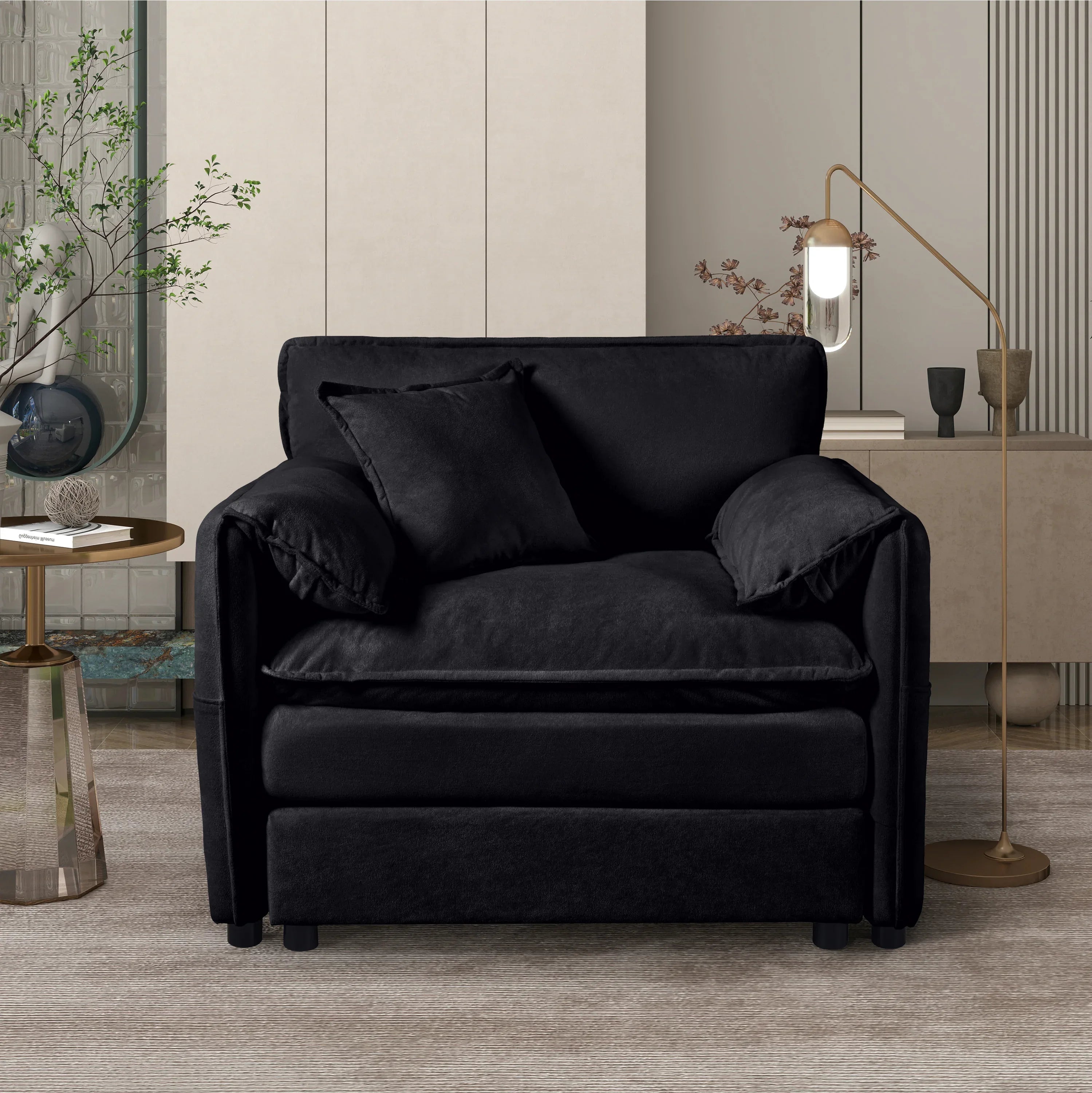 (Old:W3163P269209) Oversized 41.73' Chenille Armchair with 1 Toss Pillow, Modern Modular Reading Chair for Living Room or Bedroom, Deep-Seat DIY Sectional Sofa,Chenille,Black - Eloy Royal